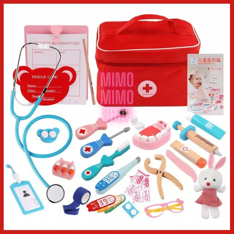 MAINAN DOKTER DOKTERAN ANAK FREE TAS MURAH  - RED DOCTOR MEDICAL WOODEN TOYS | Mainan Edukasi Dokter Gigi | Dokter Anak Wooden Toys Kayu 0