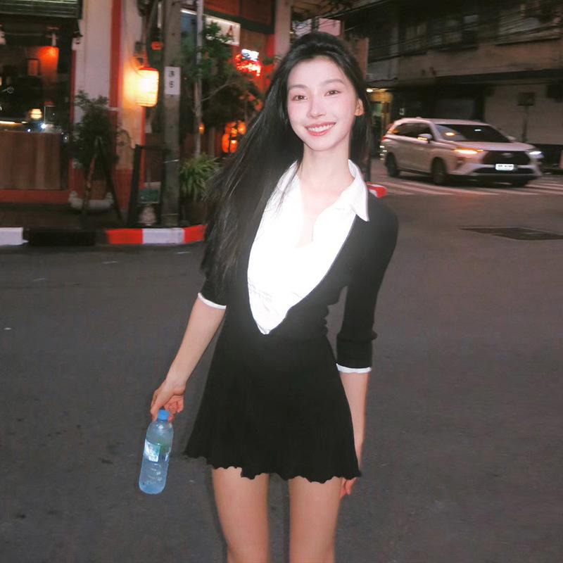 Product Introduction of Váy ngắn Bodycon, Phong Cách Người Nổi Tiếng Ins, Phong Cách Preppy, Váy Có Gân Khối Màu, Thanh Lịch, Cổ Áo Sơ Mi, Dành Cho Phụ Nữ váy  trắng váy  có  cổ  khoét  sâu hoa  xù  đầm  body 8