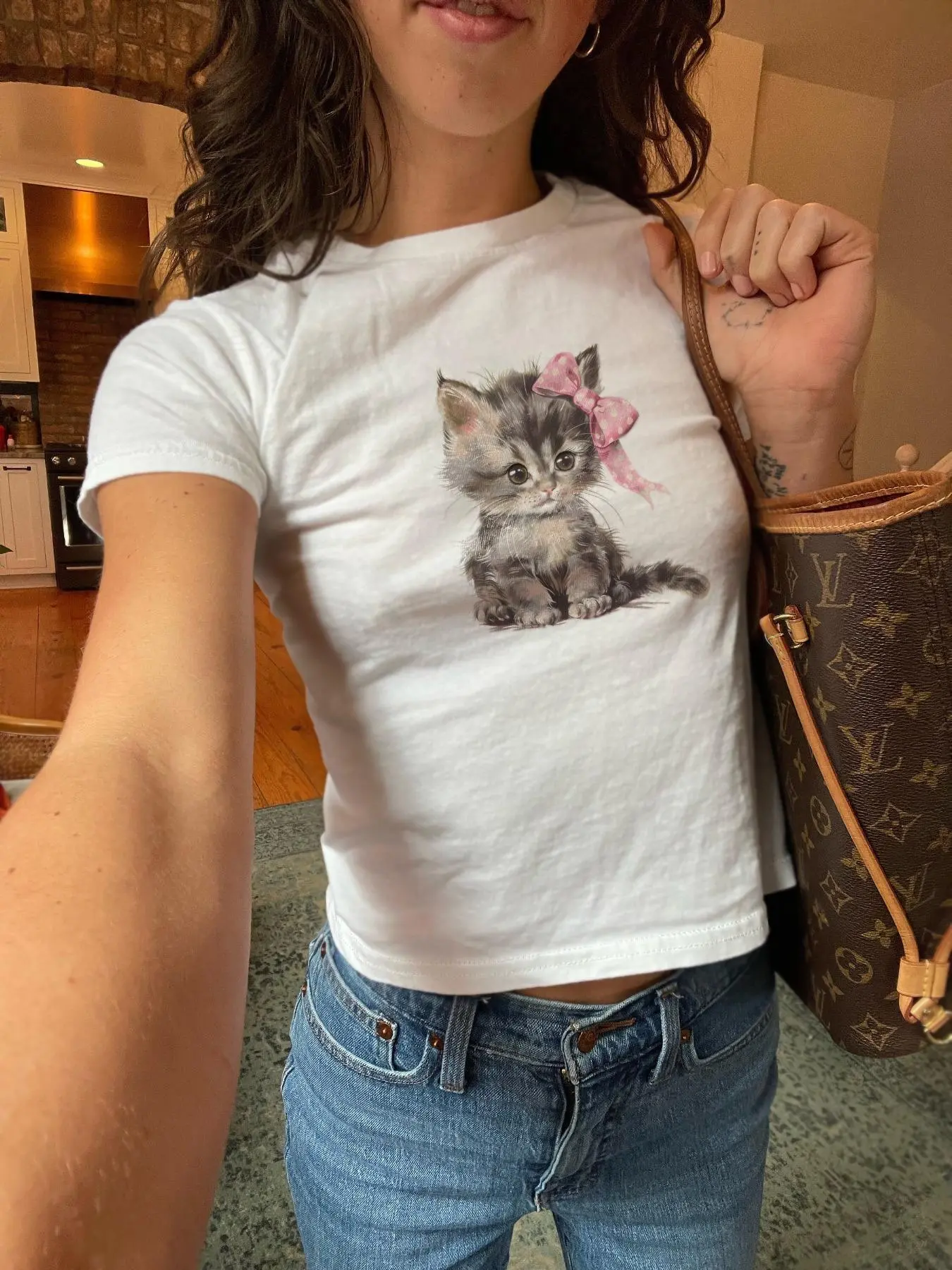 Women's Cat Print Round Neck Crop Tee, Casual Short Sleeve Crew Neck T-shirt for Spring & Fall, Fashion Women's Top for Daily Wear