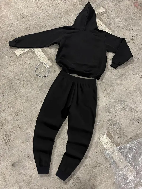 Men's Leaf Print Pocket Hoodie & Drawstring Waist Sweatpants Thermal Lined Set, Regular Fit Casual Long Sleeve Drawstring Hoodie & Pocket Jogger Pants, Men's Fall & Winter Clothes 1