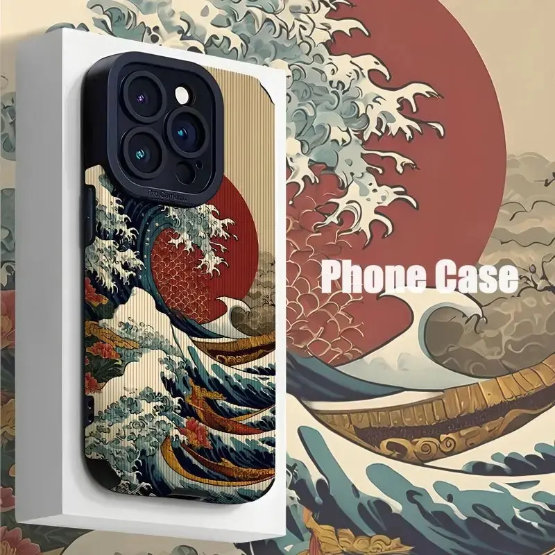 New leather all inclusive creative wave phone case suitable for iPhone 16 16pro 16promax11 12 13 14 Pro Max 15pro 7 8 plus X 11pro 14pro 13pro XS Max anti fall protection phone case