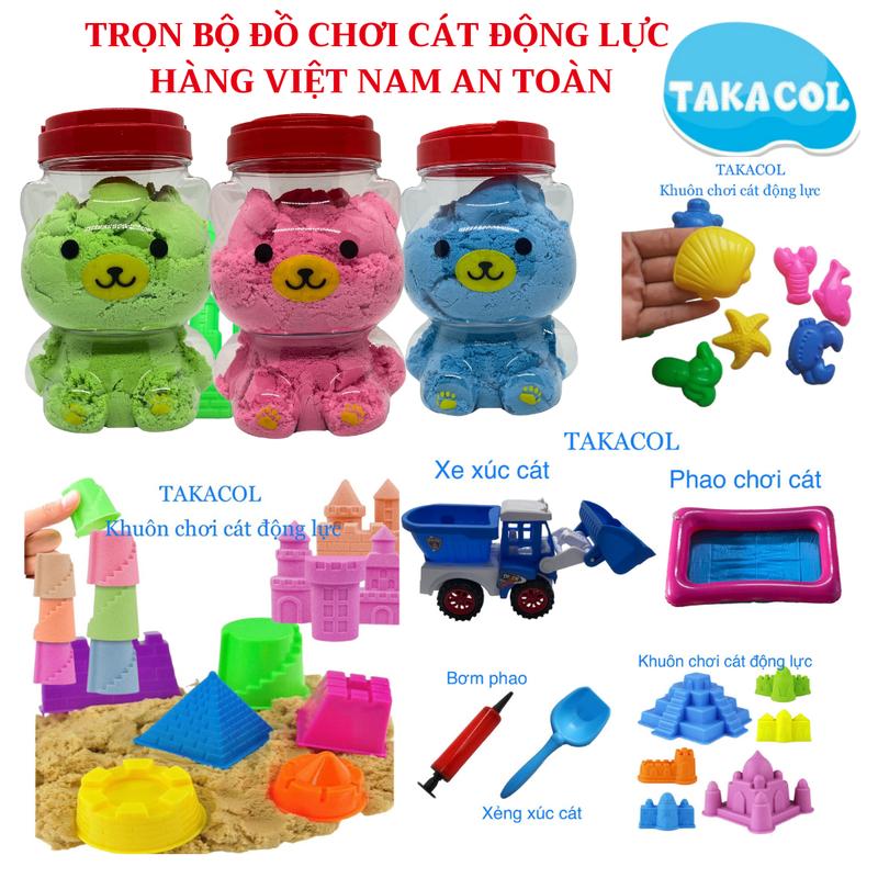 Combo 3kg Cát động lực siêu to cực đại - Cát động an toàn Takacol Hàng Việt Nam không độc hại, KÈM bộ dụng cụ chơi đầy đủ (xe chở cát, khuôn, phao chơi, bơm, xẻng, nhiều khuôn)