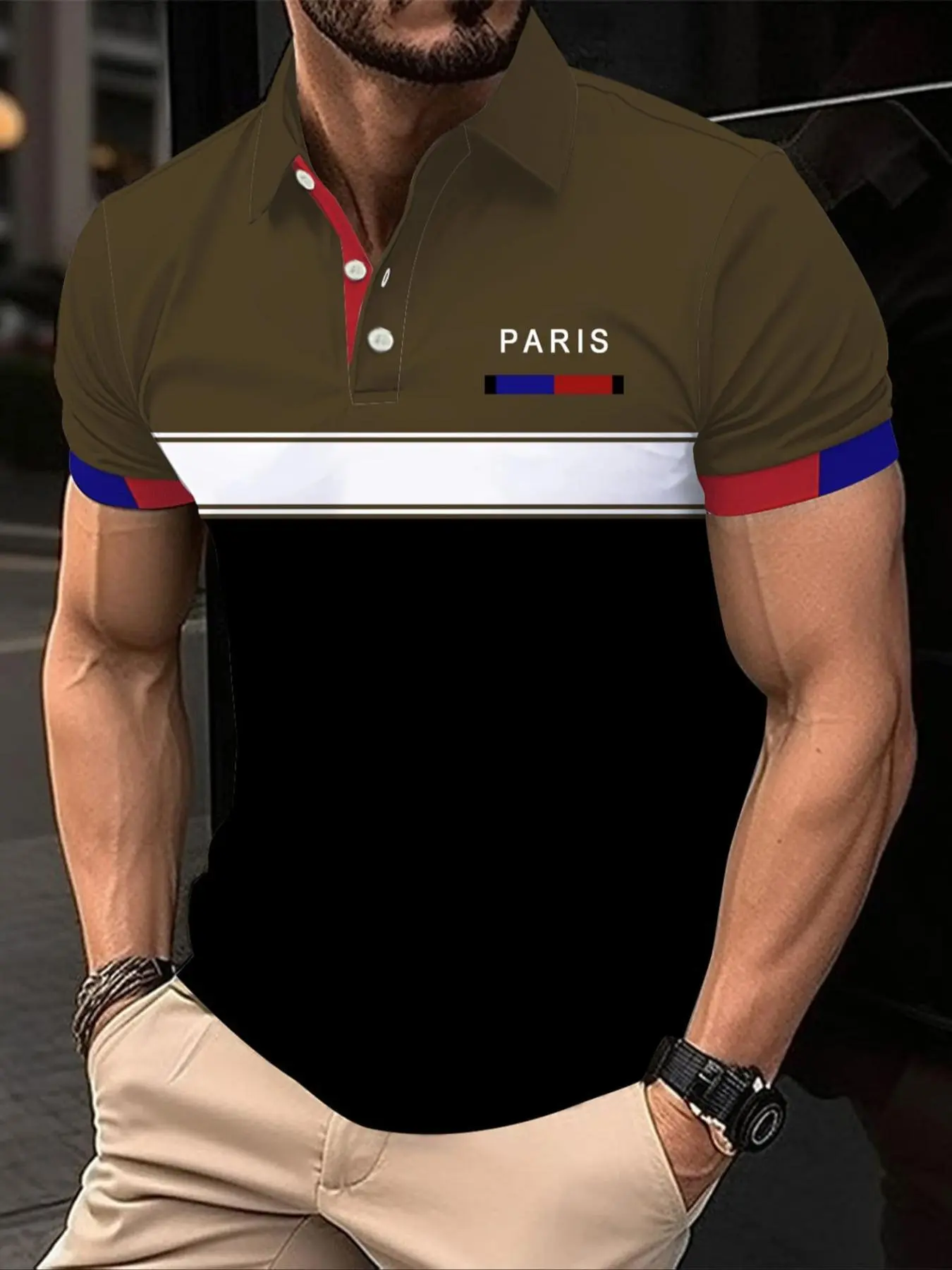 Men's Colorblock Letter Print Polo Shirt, Regular Fit Casual Short Sleeve Top for Summer, Fashion Men's Clothes for Daily Wear