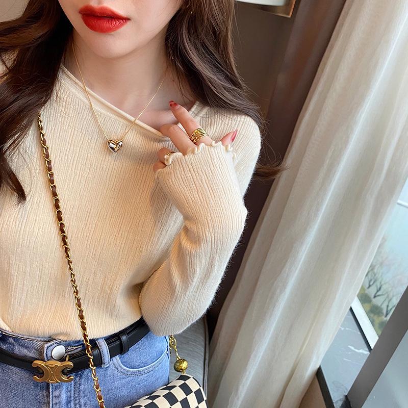Women's Knitted Bottoming Shirt 2024 New Early Autumn Design Sense Niche Fashionable Sweater round Neck Sweater Inner Wear Blouse Knitwear Womenswear Tops Lingerie Comfort Longsleeve Minimalist Crewneck Basic 7