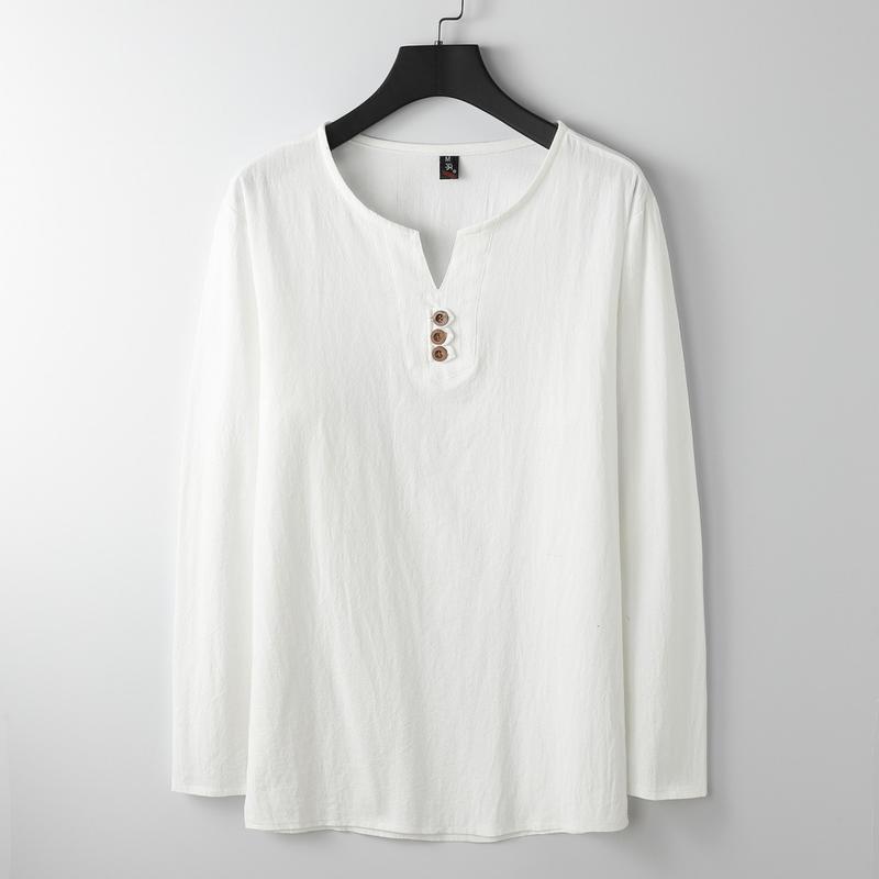 Men's Oversize Summer Cotton Linen V-Neck Chinese T-shirt with Long Sleeves - Plus Size 0