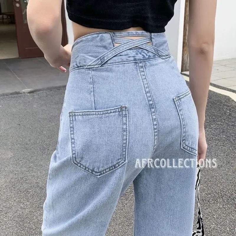 Celana Panjang Highwaist Korean Jeans  Tali Silang Belakang 0