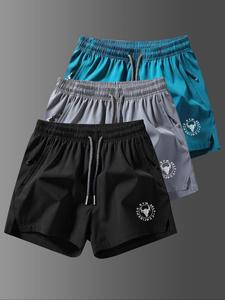 Men's Solid Color Bull Head & Letter Print  Side Split Hem Drawstring Waist  Beach Shorts, Casual Comfy Breathable Zipper Pocket Shorts for Summer, Men's Bottoms for Beach Vacation