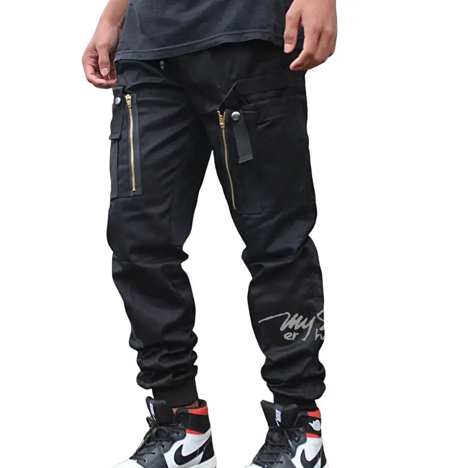 Jogger cargo double zipper kain katun hitam Uniseks Celana Sport