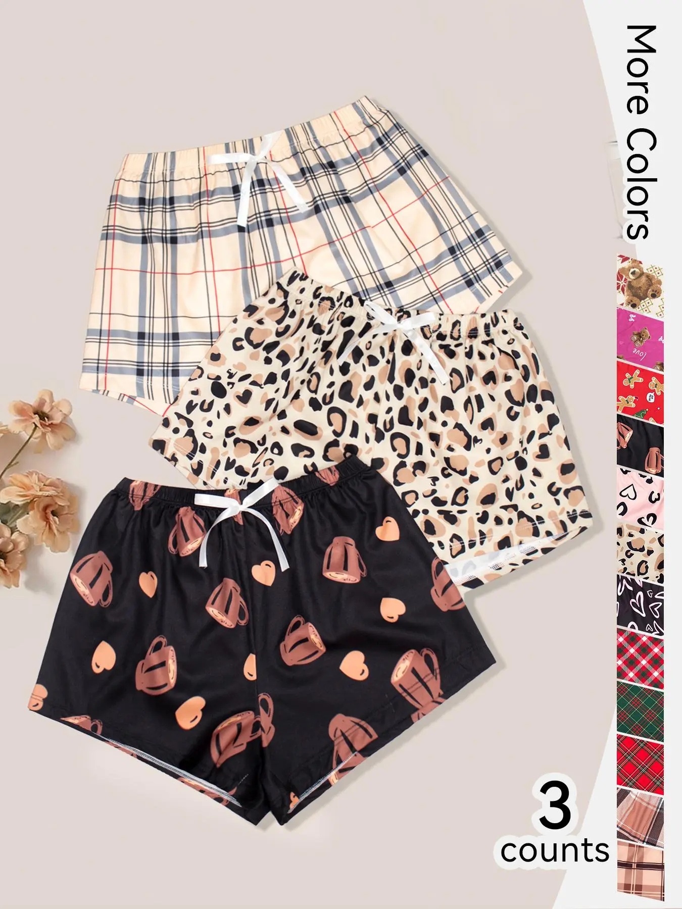 Women's 3pcs Lepord/Plaid/Heart Print Elastic Waist Wide Leg Sleep Shorts, Summer Clothes Women, Comfy Breathable Pyjama Shorts for Summer, Soft Pj for Lady, Comfortable Ladies Lounge Bottoms for Indoor Home Sleepwear