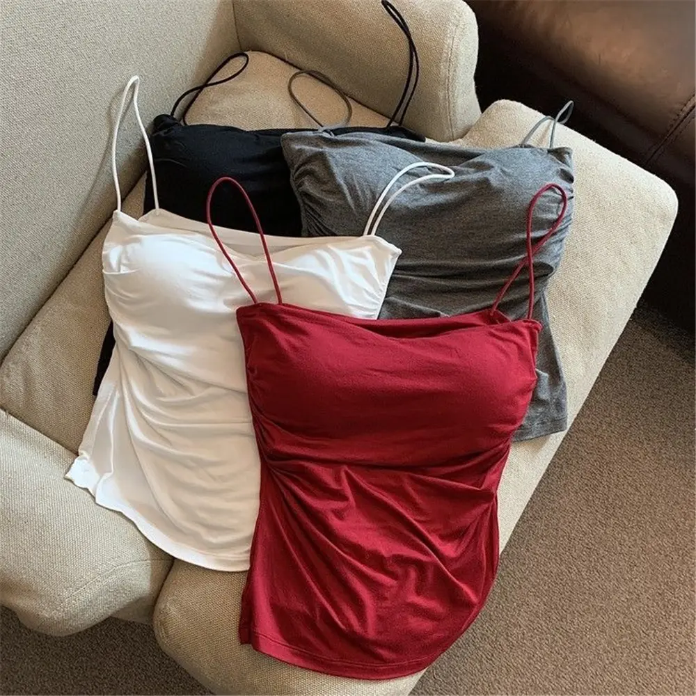 Hot Girl Sexy Wine Red Color Pure Pleated Camisole Vest For Women Summer Sleeveless Top With Thin Shoulder Straps DDUN