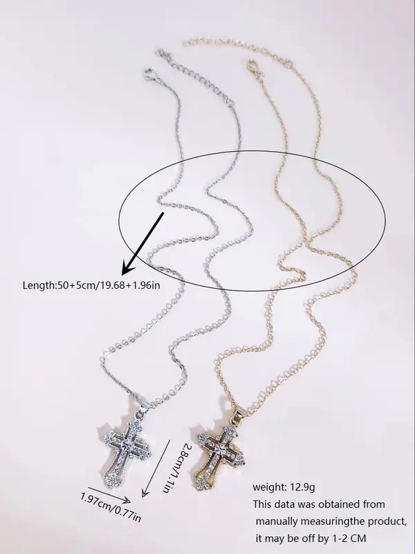 Rhinestone Cross Pendant Necklace (2pcs), Retro Personality Accessories for Both Men & Women, Vintage Jewelry for Party, Daily Clothing Decor for Birthday Gift 1