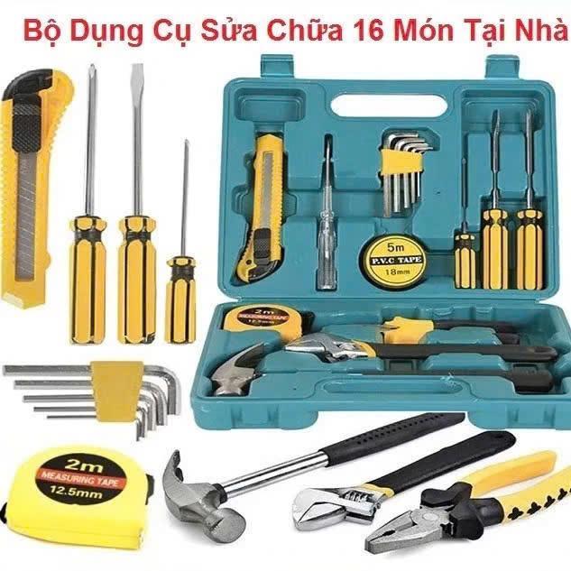 Bộ Dụng Cụ Sửa Chữa 16 Món Gồm Cờ Lê Kìm Búa Kéo Mỏ Lết Tua Vít Lục Giác Thước…