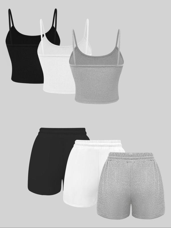 Women's Solid Ribbed Crop Cami Top & Drawstring Waist Shorts Two Piece  Lounge Set, Casual Sleeveless Crop Top & Shorts, Co-ords Set, Cute Sets Outfits Comfy, Summer Sets, Co Ords for Women 1