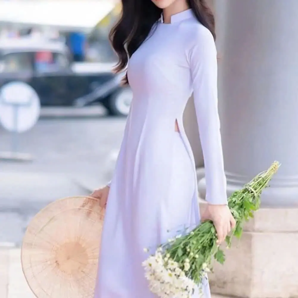Áo Dài Nữ Trắng Truyền Thống Áo Dài Học Sinh Cổ Khoét 2 Tà HS05