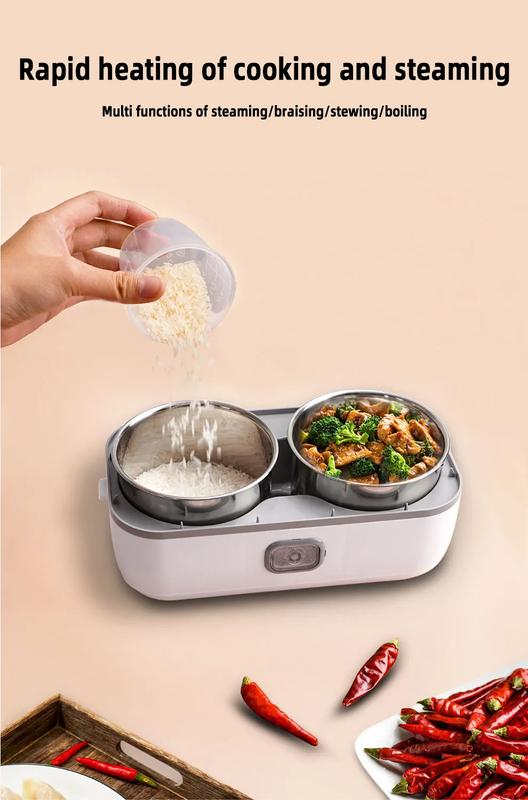 Product Introduction of Portable Electric Lunch Box Heating Single Double Layers Stainless Steel Cooking Lunch Boxes Food Storage Warmer Container Mini Rice Cooker Steamer Tableware 21