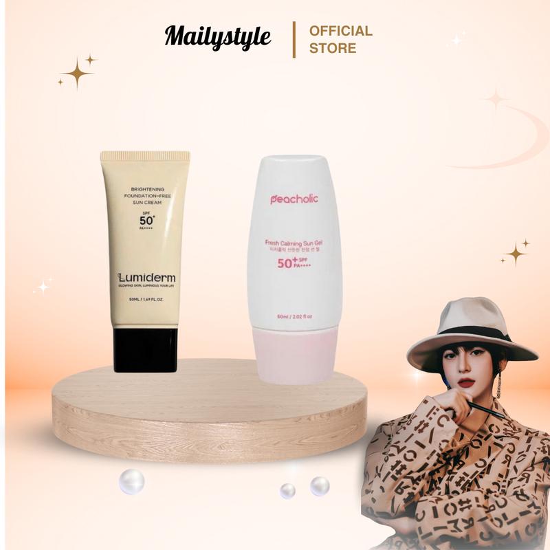 S28_COMBO 1 tuýp Kem chống nắng brightening foundation-free sun cream spf50 PA++++ tuýp 50ml C08 + 1 Tuýp Kem Chống Nắng Nâng Tone Fresh Calming Sun Gel Peacholic SPF 50+ PA++++ 60ML M37