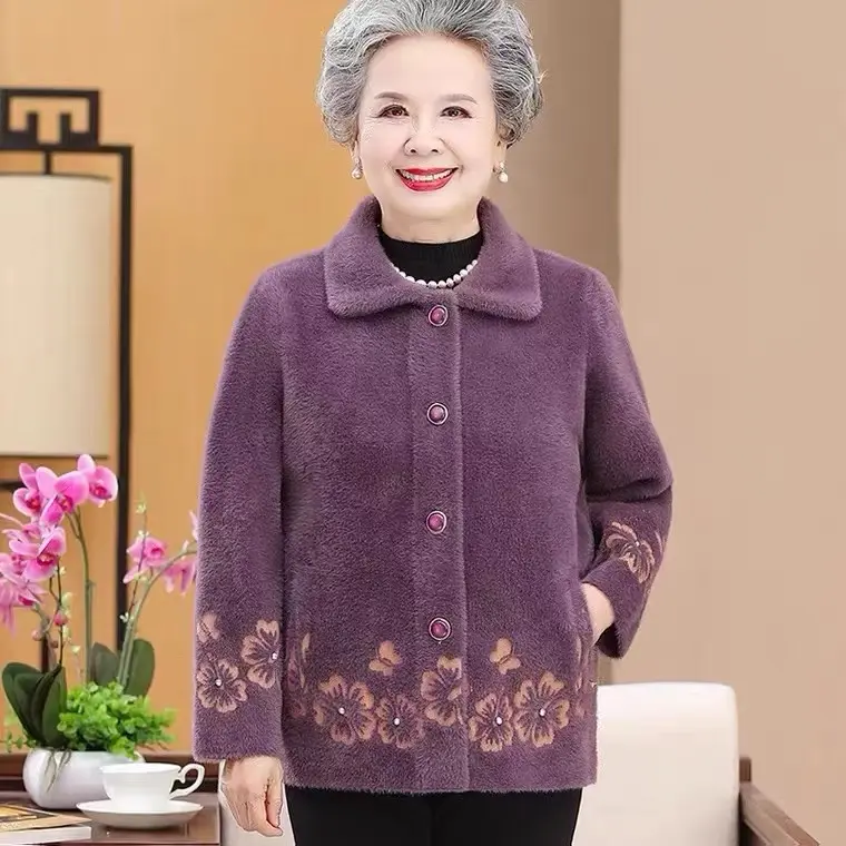 Áo khoác len lông thỏ dày ấm cho bà
