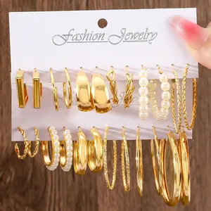 Set Anting Kotak 6pcs - Desain Retro Geometric, Gaya Klasik Ala Audrey Hepburn