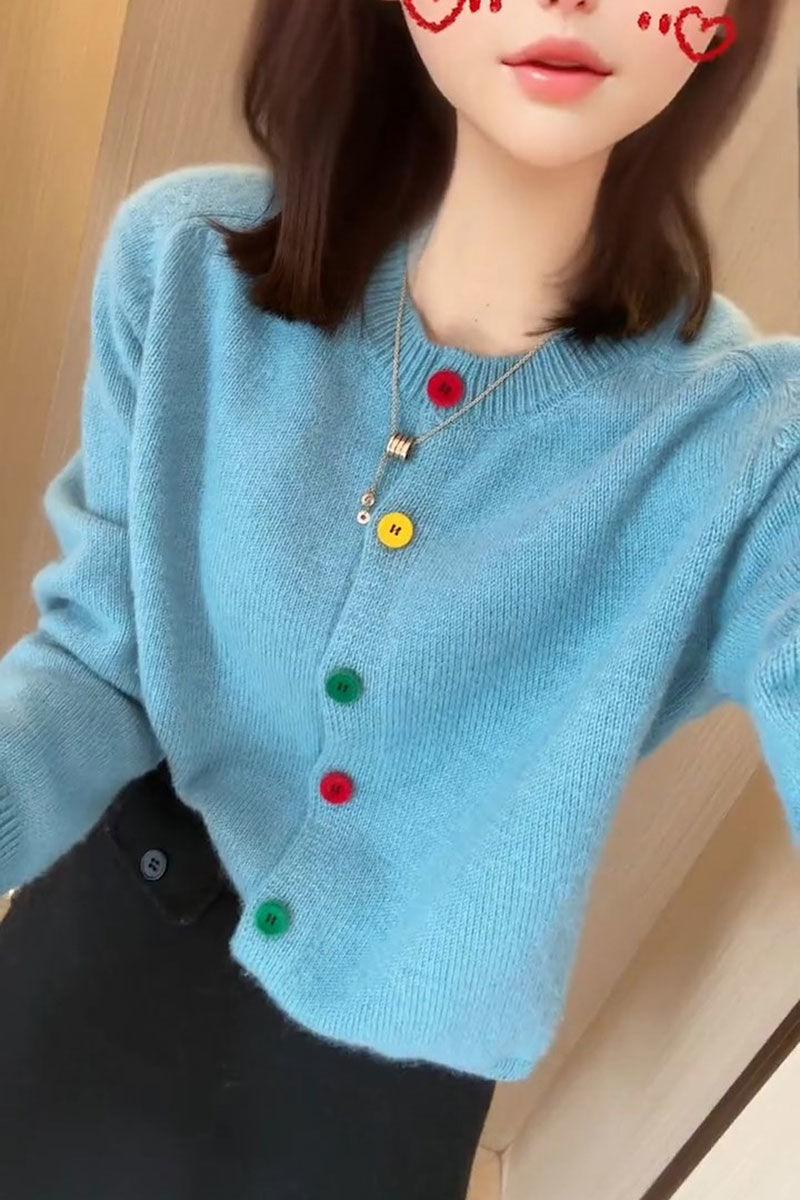Product Introduction of Áo Cardigan Dệt Kim, Phong Cách Hàn Quốc, Chống Lão Hóa, Thiết Kế Cầu Vồng Thanh Lịch, Một Hàng Cúc, Cổ Tròn, Giống Như Len, Thích Hợp Cho Mùa Xuân, Hàng Mới Về, Phong Cách Lười Biếng, Áo Len Độc Đáo 3