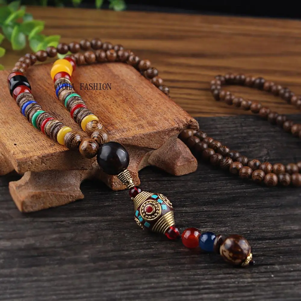 Women Chain Jewelry Ong Vòng Cổ Mặt Dây Chuyền Hạt Mala Phật Giáo Nepal Thủ Công, Hạt Gỗ Dân Tộc, Trang Sức Dài, Quà Tặng Cho Nữ