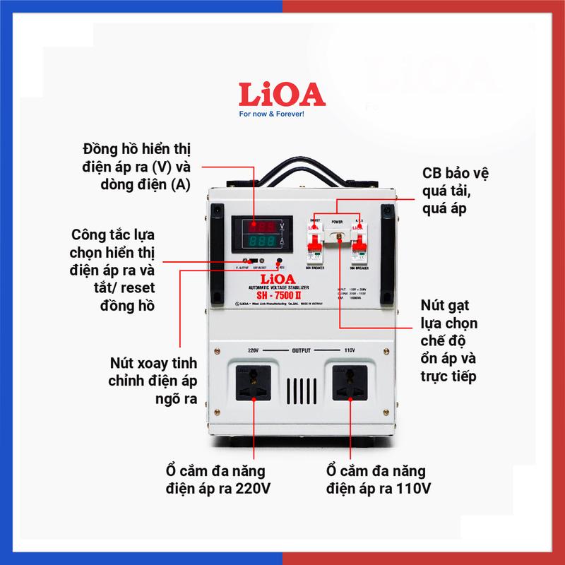 Ổn áp LiOA 7.5KVA SH-7500II dải 150V chính hãng Nhật Linh 7500VA 7500W dây đồng thế hệ mới đồng hồ led 3