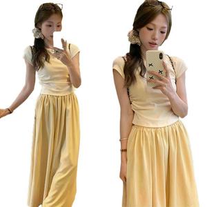 Dopamine Apricot Off-Shoulder T-Shirt + Yellow High-Waisted Skirt Two-Piece Set for Women Summer Loose Versatile Korean Style Outfit Trend