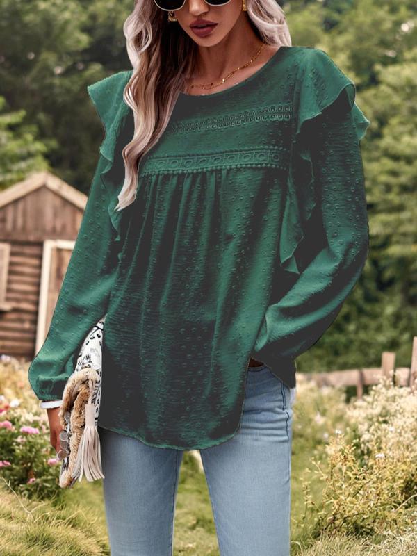 Women's Plain Contrast Lace Swiss Dot Ruffle Trim Blouse, Boho Bishop Sleeve Keyhole Back Top for Fall & Winter, Women's Clothing for Daily Wear 1