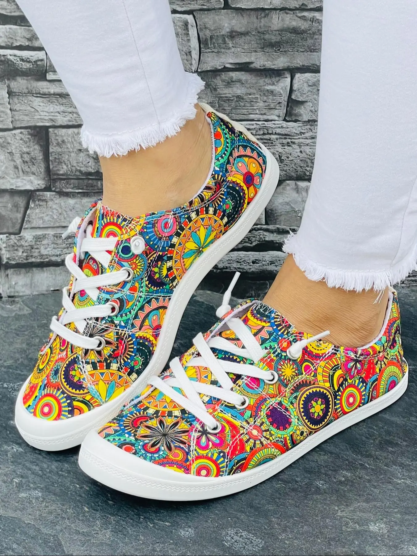 Women's Boho Style Random Ethnic Pattern Lace Up Sneakers, Casual Comfortable Sports Shoes, Trendy Shoes for Daily Life