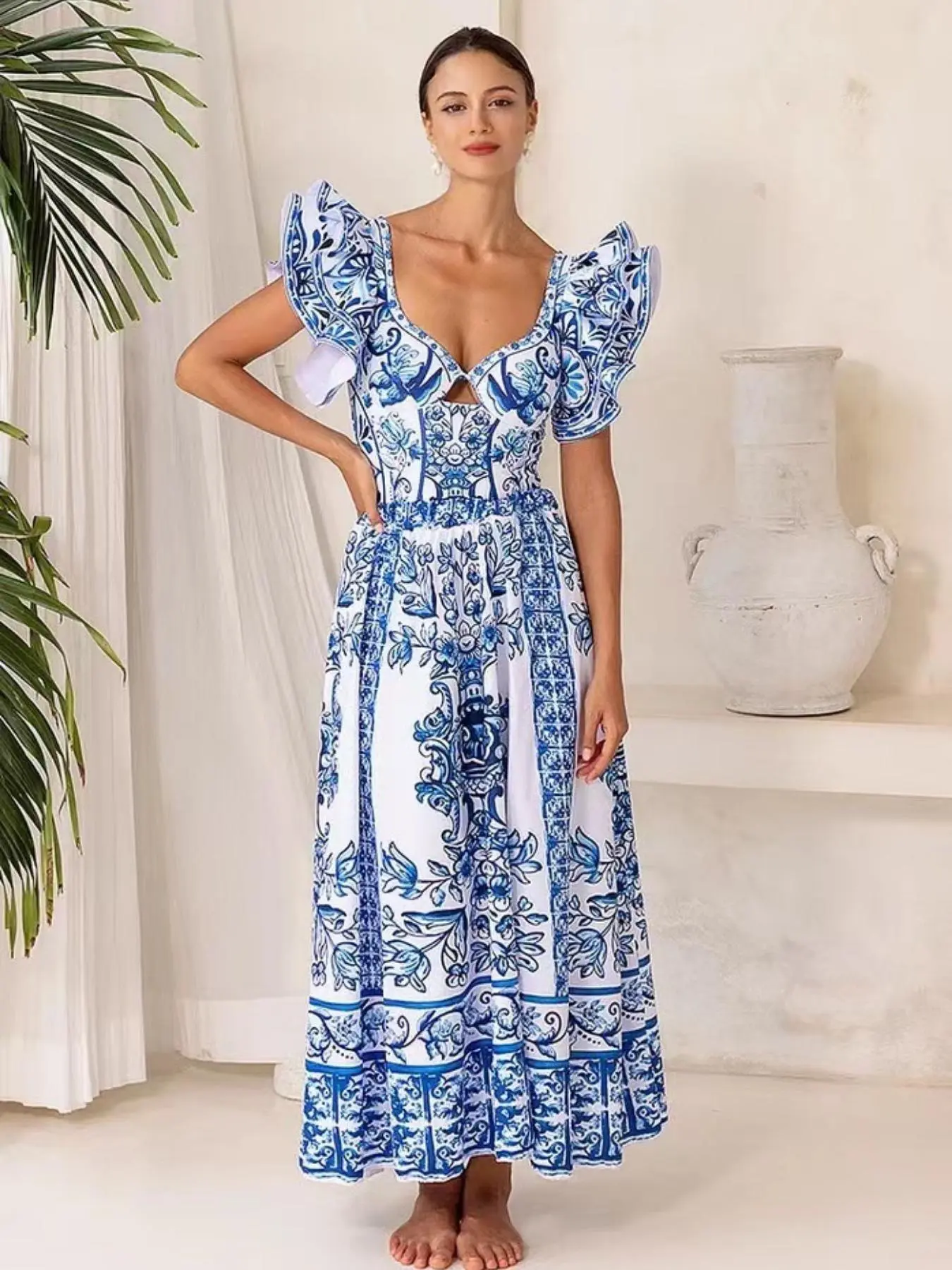 Women's Floral Print Ruffle Layered Sleeve Bodysuit & Beach Skirt Set, Boho Cut Out Swim Bodysuit & High Waist Swim Skirt, Ladies Summer Swimwear