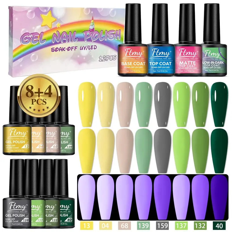 Glow in The Dark Gel Nail Polish Set, 12pcs/set Soak Off UV/LED Manicure Gift Set, Long-lasting Salon Quality Nails 0