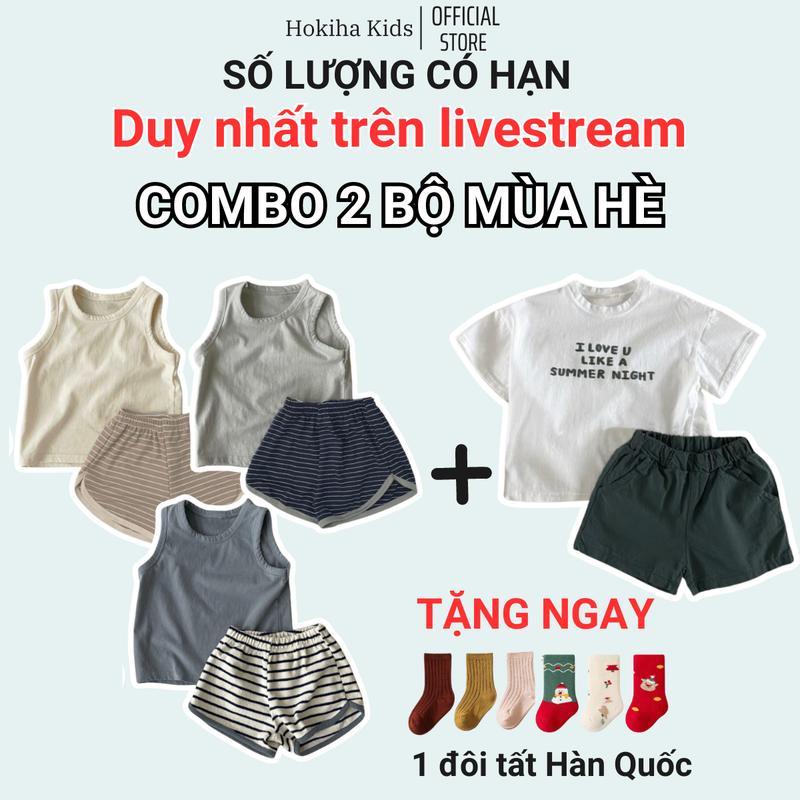 [Hokiha Kids] Te579&TE576-Combo 2 Bộ quần áo cho bé trai bé gái gồm 1 bộ quần áo cộc tay áo cotton, quần kaki mềm và 1 bộ quần áo ba lỗ áo cotton, quần thun tăm lạnh size 8-17kg