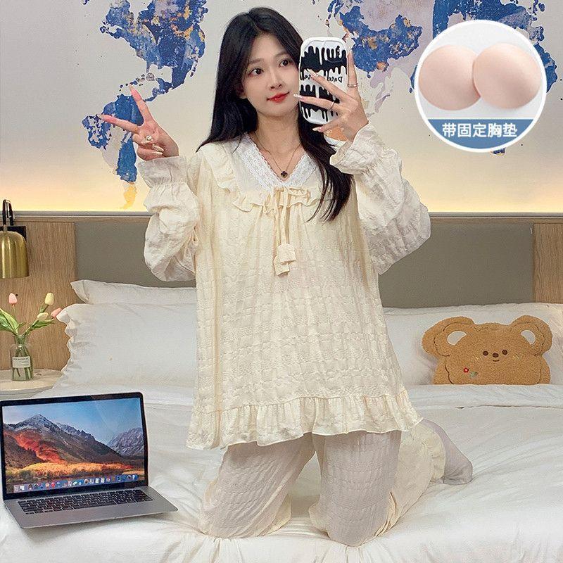 Bộ Đồ Ngủ Nữ, Phong Cách Ins, Làm Bằng Bông, Thích Hợp Cho Mùa Xuân Và Mùa Thu, Thiết Kế Đệm Ngực, Phong Cách Cổ Chữ V Ngọt Ngào 7