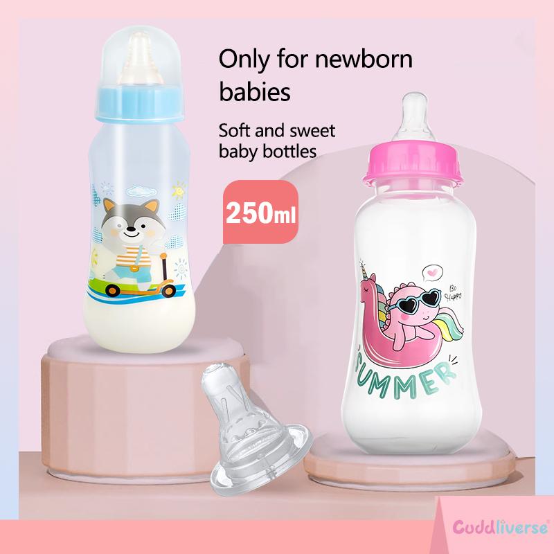 250ml newborn food grade pp baby bottle, cute cartoon  baby bottle ，anti-drop and anti-leakage and anti-choking baby  bottle, baby bottle with super soft pacifier , without straw 0