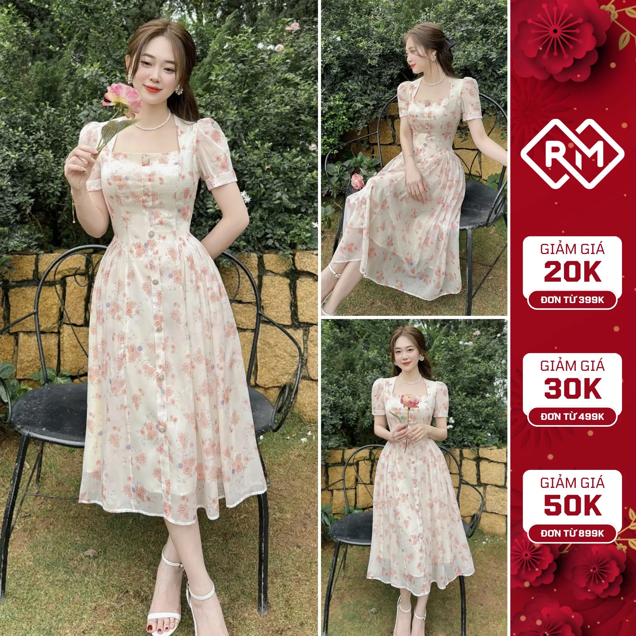 Váy Hoa Nhí Nữ Women Dáng Dài - Đầm Voan Hoa Cổ Vuông 2 Lớp Mát Mẻ - Màu Kem Hoa Nhí dáng dài - Mã A33 Hoa
