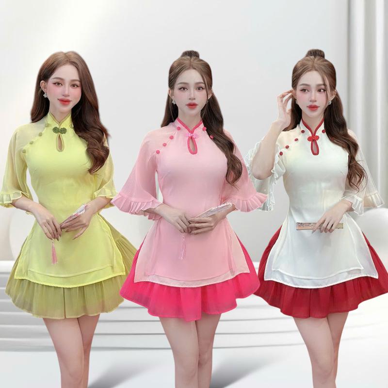  Set cách tân thiết kế CRAZYTEEN S5576 dành cho nữ gồm áo kiểu xẻ tà dáng dài đính nút tàu tay loe xếp ly và chân váy tầng để đi chơi   Áo cách tân  Chân váy   