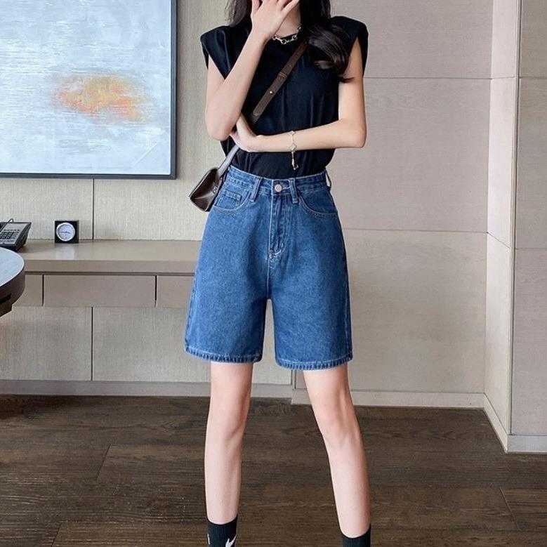 Quần Sọt Ngố Lửng Ống Rộng Nữ Chất Bò Lưng Cao không dãn Jean Pants