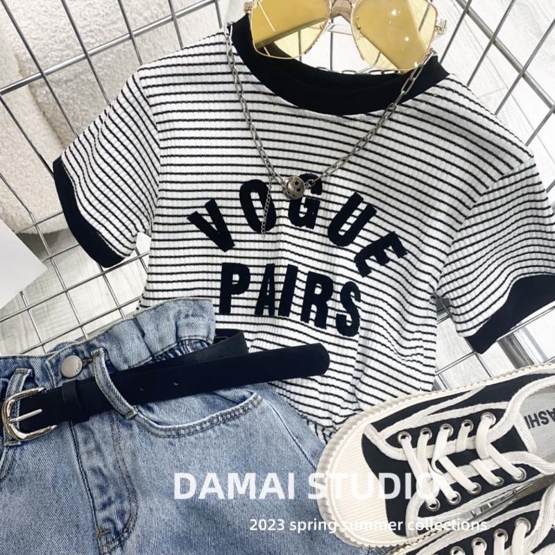 Trang Phục Mùa Hè Cho Bé Gái, Áo Phông Thời Trang Có Thêu Chữ, Quần Short Denim Rách Họa Tiết Sọc, Bộ Đồ Hai Mảnh Sành Điệu, Hợp Xu hướng 1