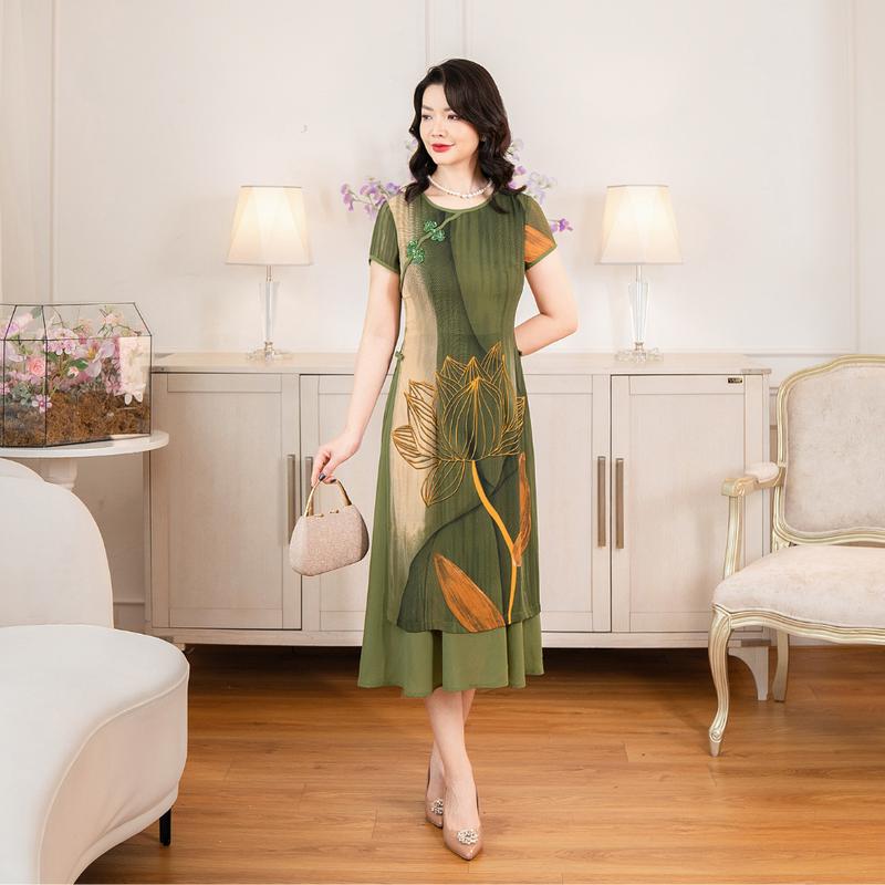  Đầm trung niên tặng mẹ LYBEE LV922 đi cưới dự tiệc  dáng váy cách tân chất voan hàn cao cấp Nữ Women Dress 