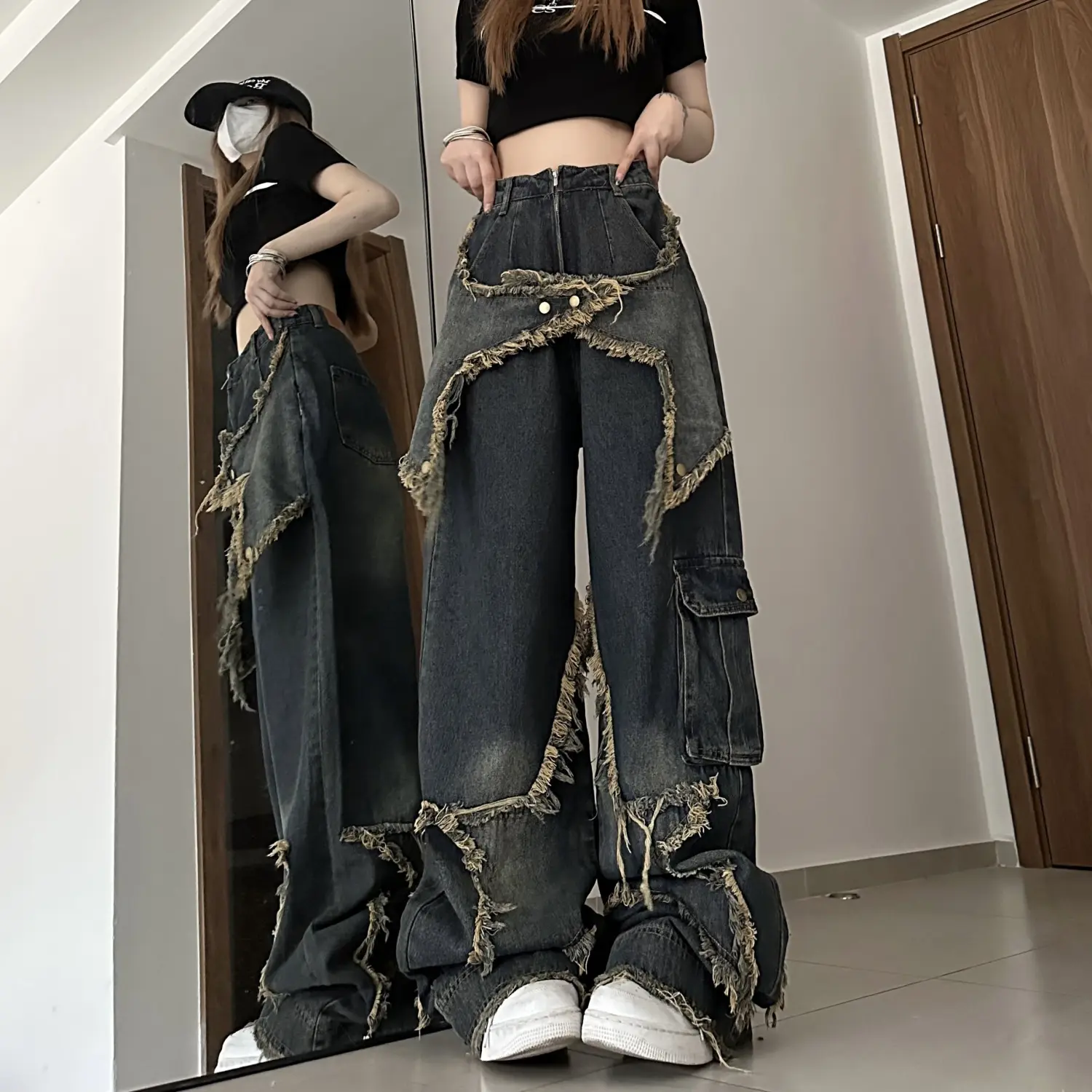 Y2K-Quần Jean Ống Rộng Cho Nam Và Nữ, Retro, Đau Khổ, Cạnh Thô, Nối, Cô Gái Nóng Bỏng, Dài Đến Sàn, Hợp Thời Trang, Ngôi Sao Mỹ Ins