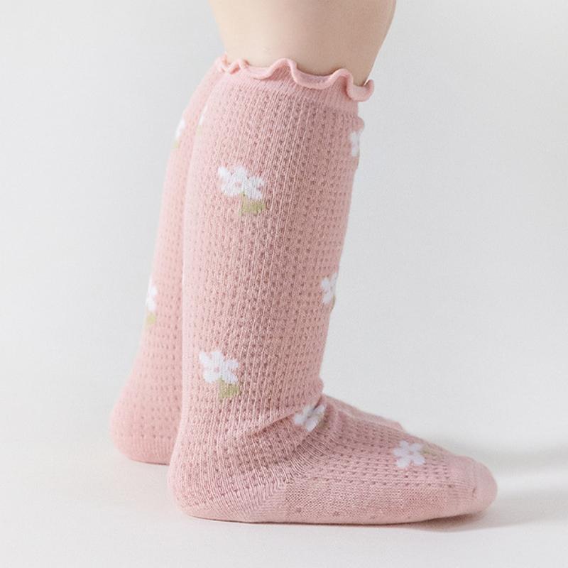 Product Introduction of Baby Socks for Girls Flower/Bear Print Mosquito Protection Mid-Calf Socks Spring Summer Breathable Kids Mesh Thin Socks 42