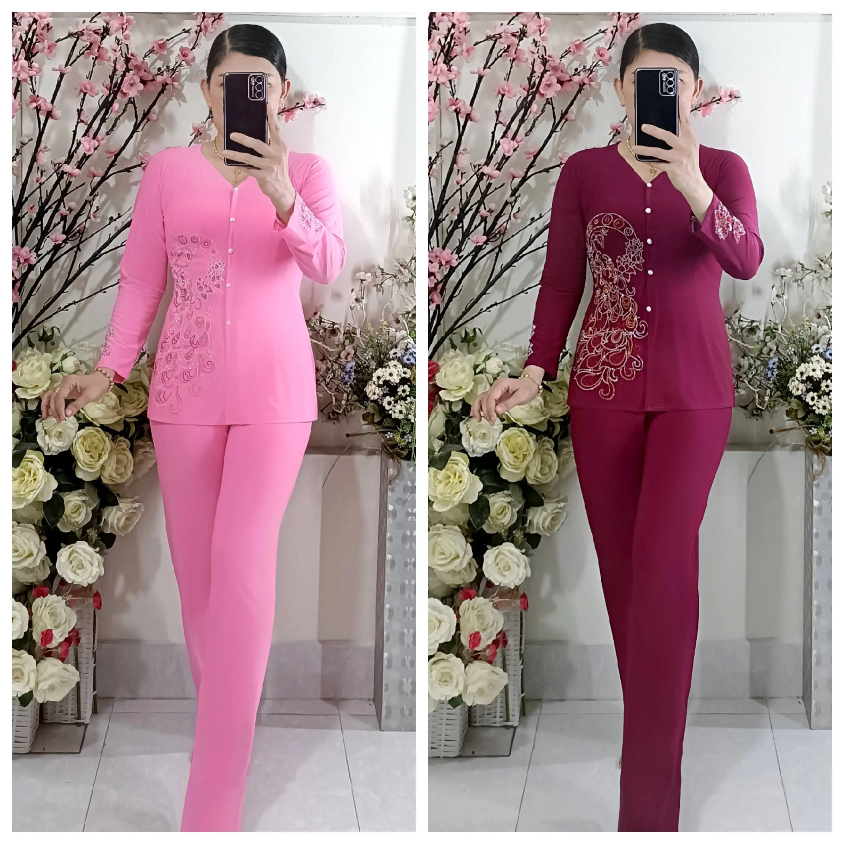 Bộ Bà Ba Ép Đá Chim Công Quần Ống Nhỏ