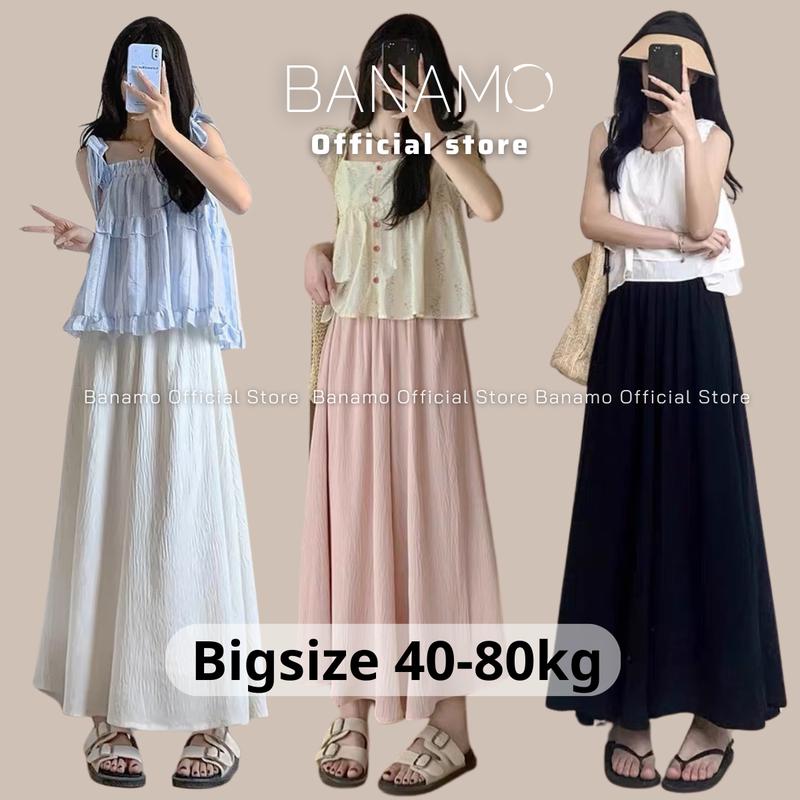 Quần áo nữ BIGSIZE Banamo Fashion quần gió nhăn ống rộng giả váy cạp cao mix áo hai dây 994 Top Women Ong