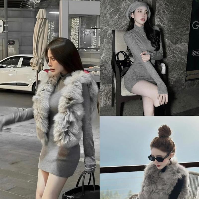 SET Váy body dài tay Xám phối ghile lông siêu Sang Chảnh, Set váy body thun borip dài tay cổ 3p, áo ghile lông xám loại 1 form siêuu đỉnh, Ôm gọn Nữ Women Top
