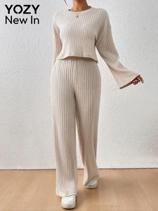 YOZY Women's Solid Ribbed Tee & Pants Set, Casual Long Sleeve Round Neck Top & Trousers, Ladies Two-piece Set for All Seasons, Clothes