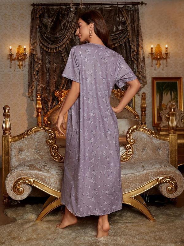 Women's Ditsy Floral Print Contrast Lace Crew Neck Nightdress, Elegant Casual Button Short Sleeve Round Neck Nightgown, Soft Comfortable Sleepwear for Women 1