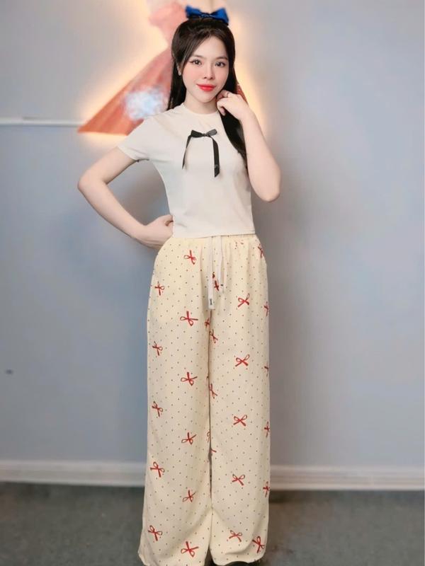 B-47 Set bộ áo croptop có nơ, phối quần chấm bi nơ. Nữ Women Voi Bo Chun