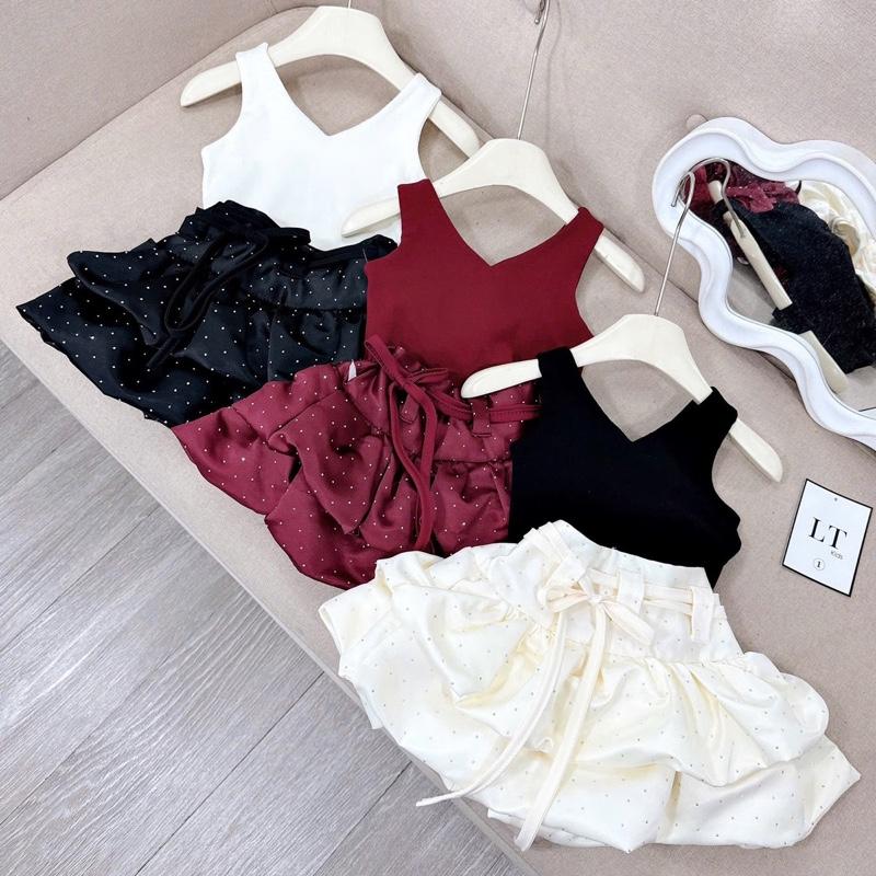 295--Set ( Áo + Chân váy ) áo thun cổ tim balo phối chân váy bling dây nơ dành cho bé gái (9-32kg)