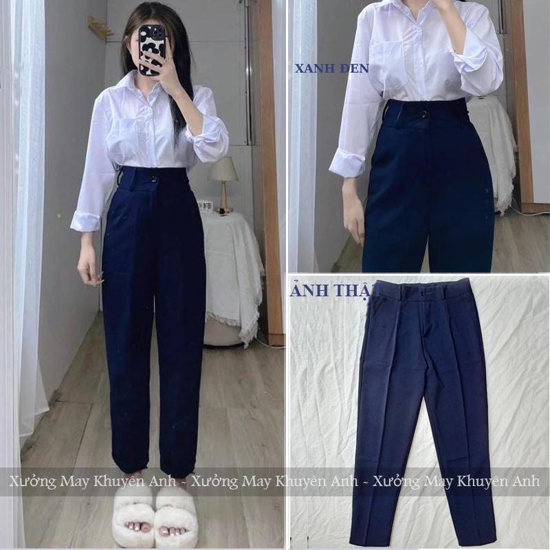 Quần Tây Xanh Đen đi học lưng cao 2 1 nút dáng suông dài m50 m55 m65 - Quần baggy xanh đen cạp cao nữ học sinh cấp 2 3 đi học đáy cao mặc thoải mái