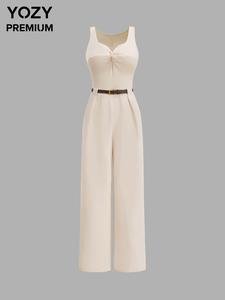 YOZY Women's Solid Twist Jumpsuit with Belt, Elegant Commute Zipper Back Jumpsuit for Work Office Business, Ladies Clothes for All Seasons
