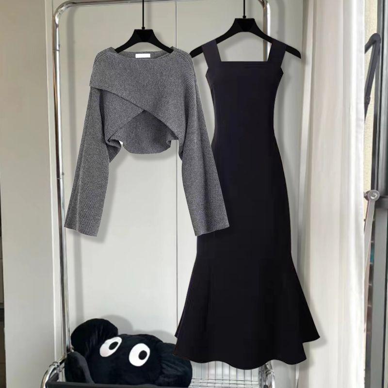 Product Introduction of 2024 Autumn and Winter Korean Slim Temperament Waist-Controlled Design Suspender Skirt Irregular Cross Sweater Youthful-Looking Two-Piece Set 1